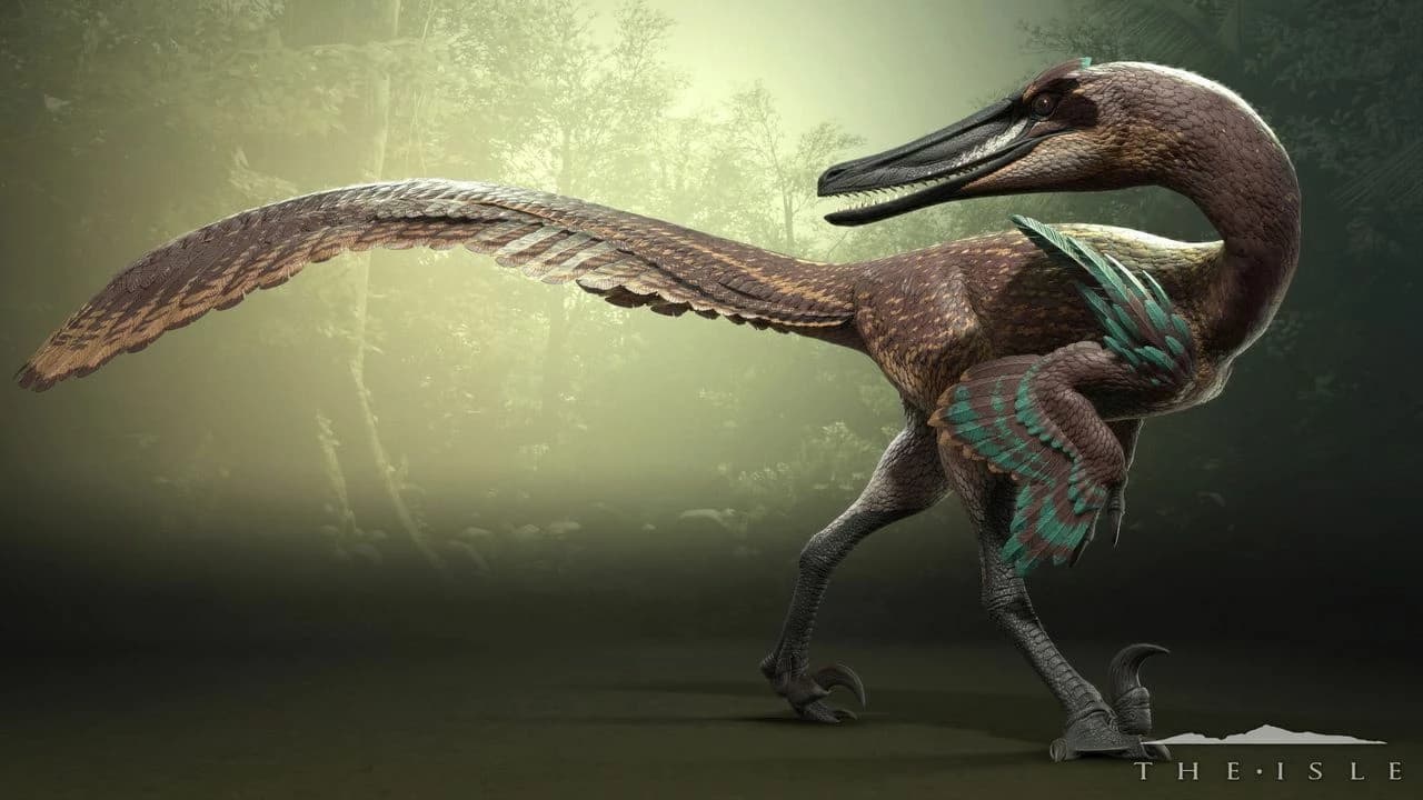 Austroraptor standing in a forest clearing